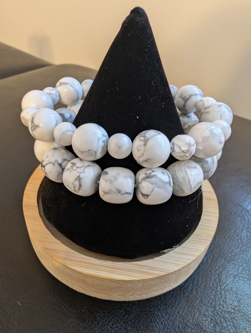 White Howlite Beaded Stretch Stacking Bracelet Set - Elegant Marble Effect